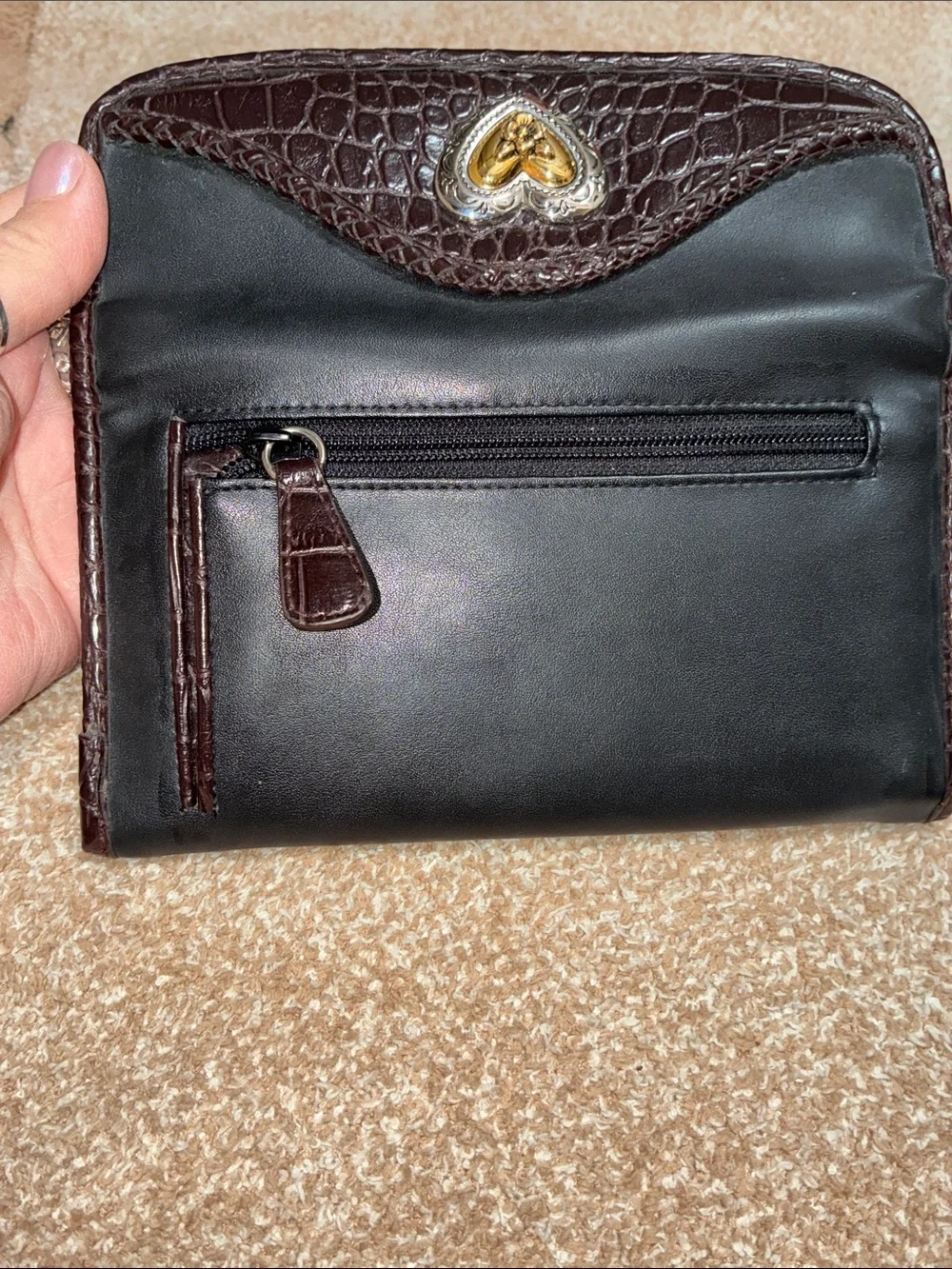 Black and Dark Brown Croc-Trim Wallet with Gold Heart Accent